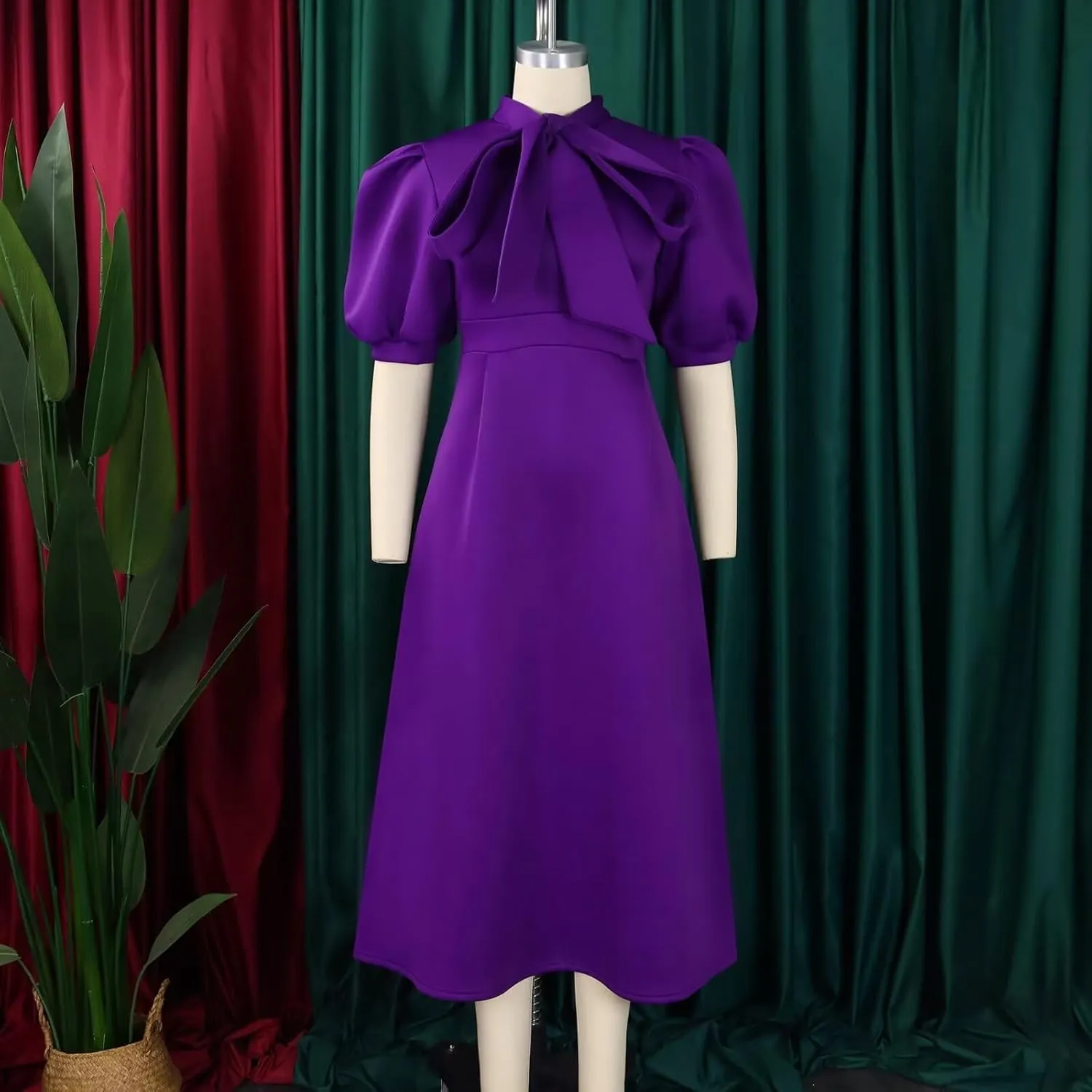 Women's Tie Neck Button Front Frill Neck Puff Sleeve Ruffle Hem Flowy Maxi Dress
