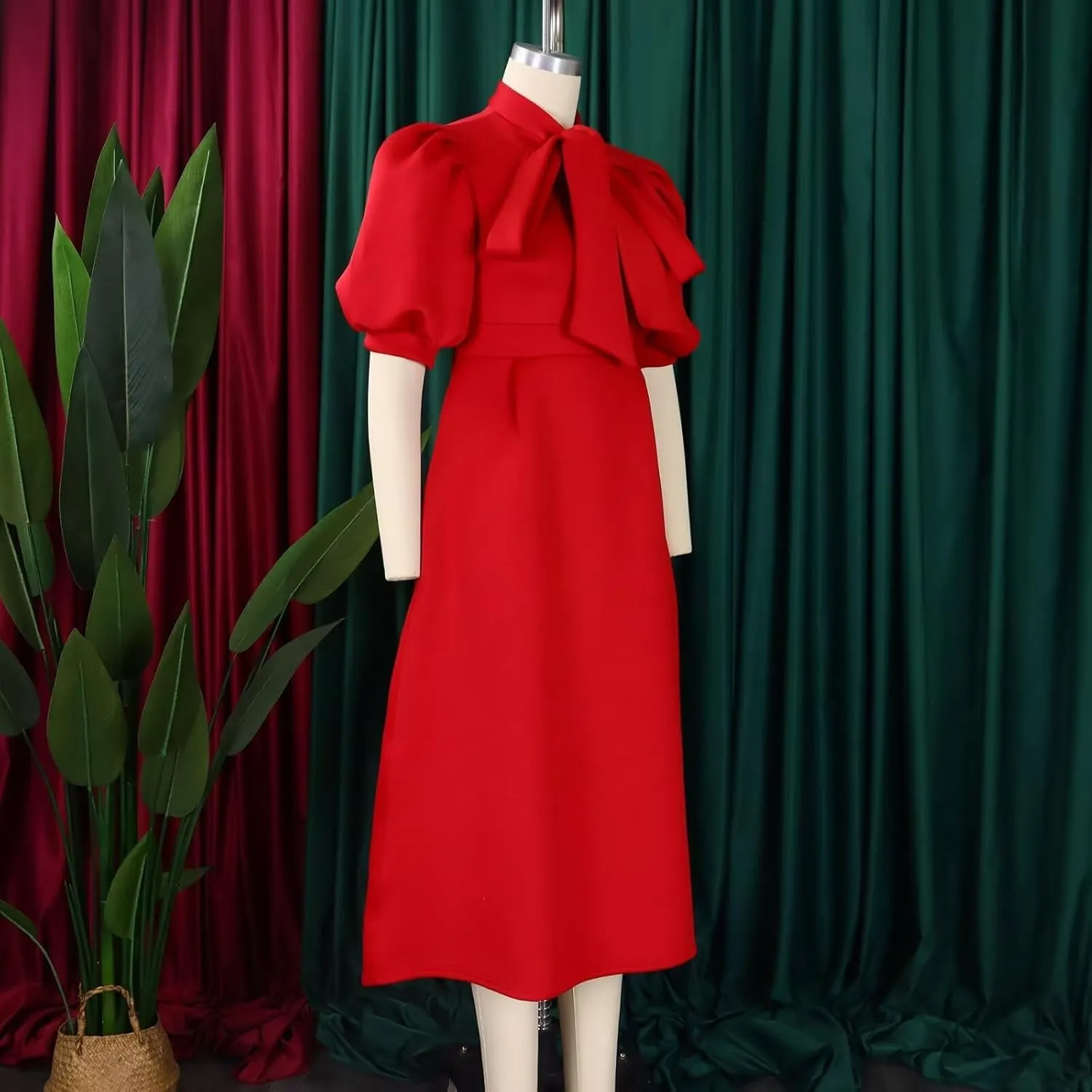 Women's Tie Neck Button Front Frill Neck Puff Sleeve Ruffle Hem Flowy Maxi Dress