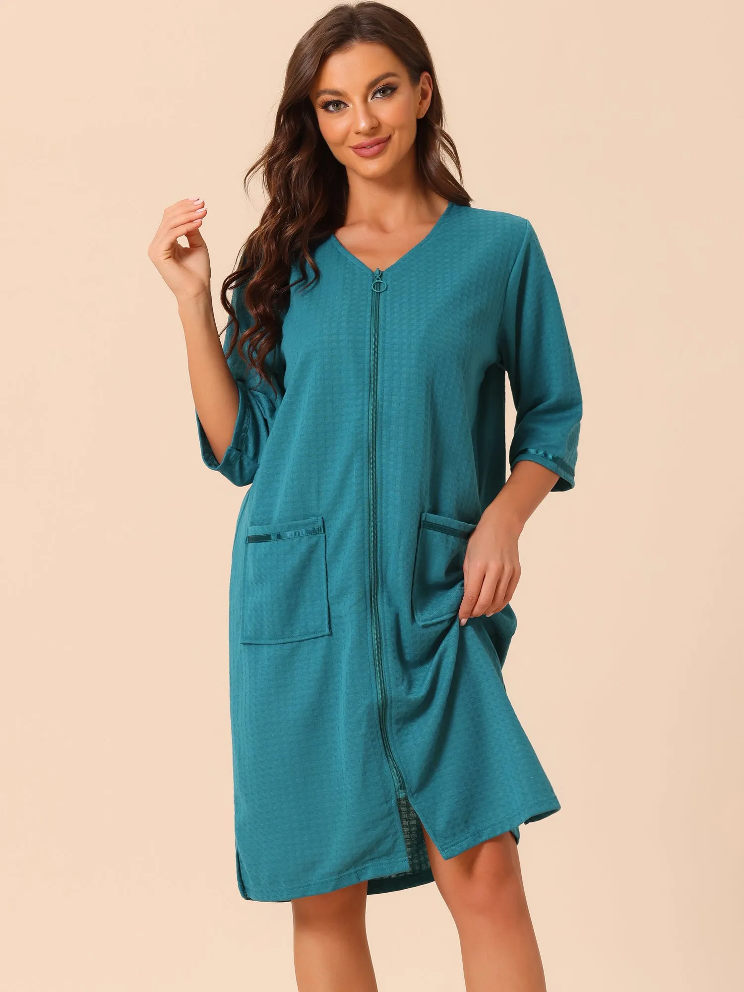 Womens Waffle Pajama 3/4 Sleeves Spa Bathrobe Loungewear Zipper Up Robes