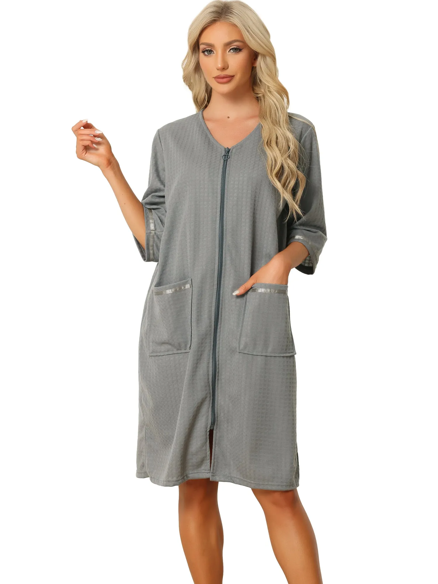 Womens Waffle Pajama 3/4 Sleeves Spa Bathrobe Loungewear Zipper Up Robes