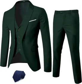 YND Men's Slim Fit 3 Piece Suit, One Button Solid Jacket Vest Pants Set with Tie